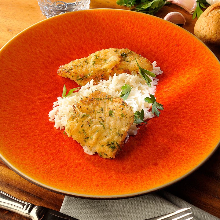 Filete de halibut a la milanesa con arroz basmati