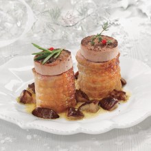 Receta de Miniredondos de bacón-dátil o jamón-queso con foie y boletus