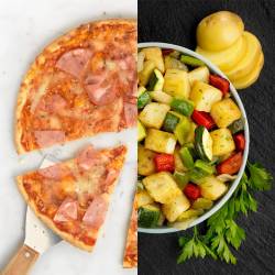 Pizza prosciutto y guarnición de verduras