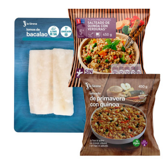 Pack regalo lomos de bacalao al punto de sal + quinoa con verduras + salteado de quinoa con verduras